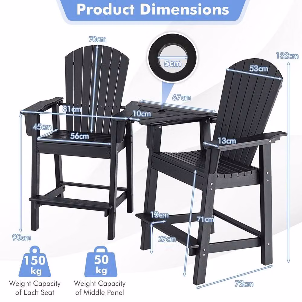 Gymax Adirondack Chair Set with Middle Connecting Tray in Black – 2