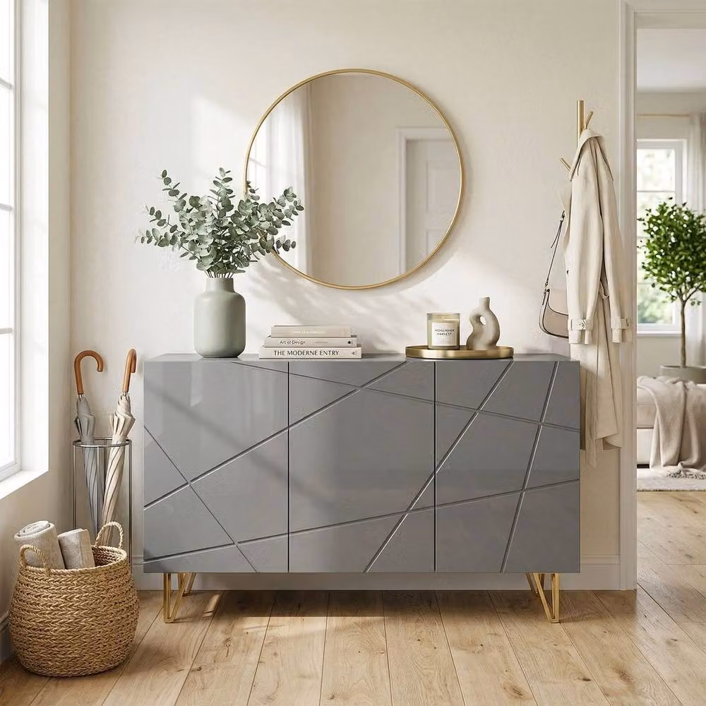 PAWNORA Modern Glossy Sideboard with Adjustable Shelves in Grey and Gold – 4