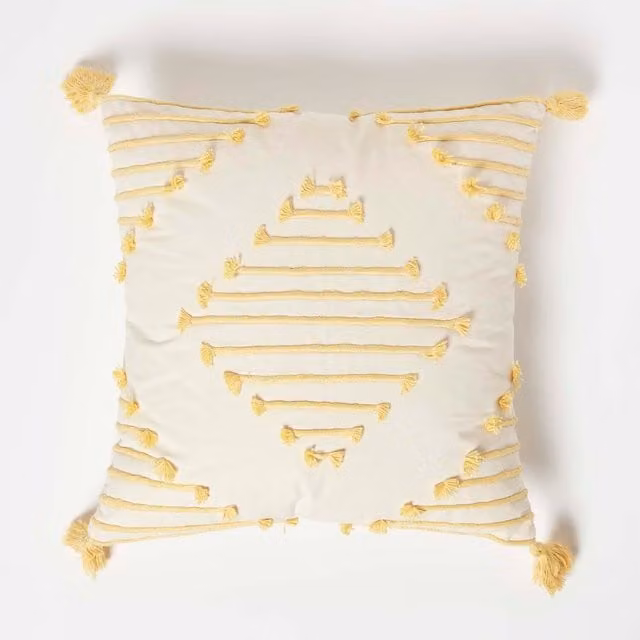 Homescapes White Geometric Tassel Cotton Square Cushion W/D/H: 45 x 45 x 45 cm
