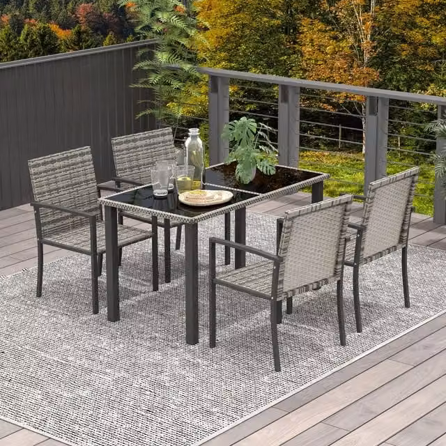 Outsunny 5 Piece Rattan Garden Furniture Set with Glass Top Table in Mixed Grey