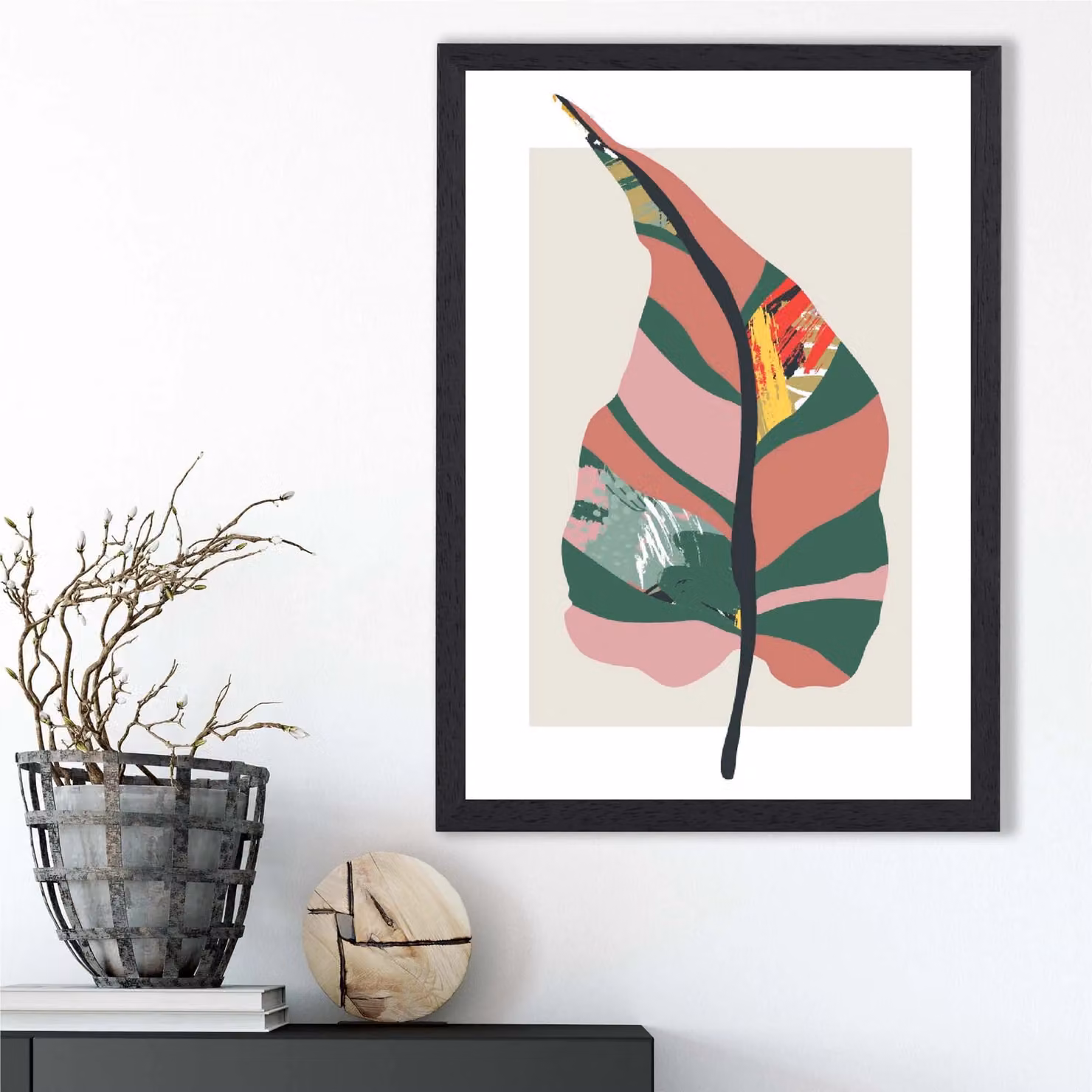 ARTZE Minimalist Tropical Plant Botanical Illustration Framed Print in Green and Red, A3 Size with Black Frame – 2