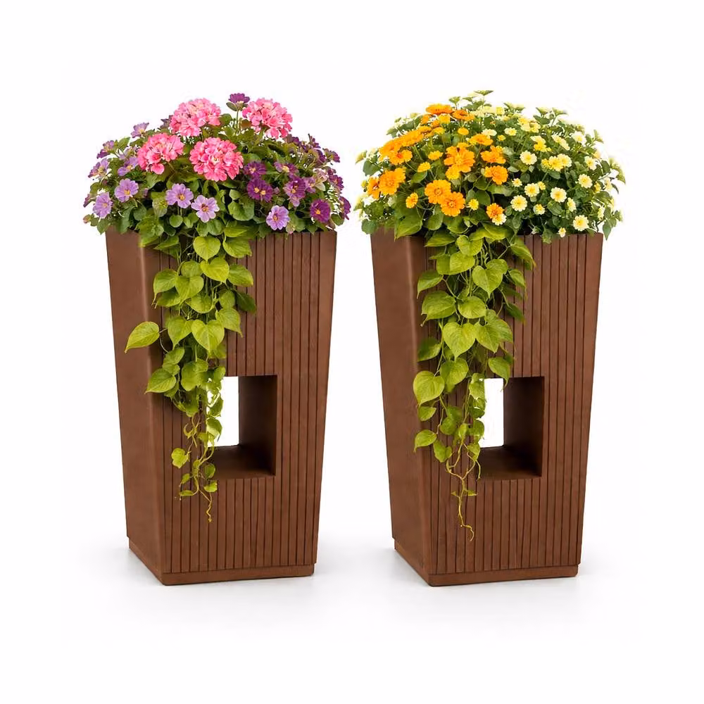 Simpa Cubic Modern Plastic Planter Set of 2, Brown, H 43 cm x Dia 26 cm – 2