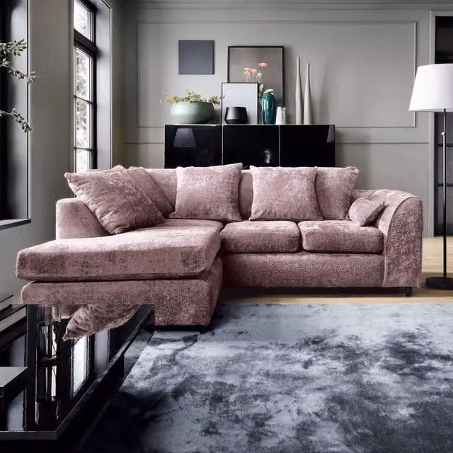 Abakus Direct Harriet Left Facing Corner Sofa in Pink Crushed Chenille with Scatter Cushions, W/D/H: 212 x 90 x 90 cm