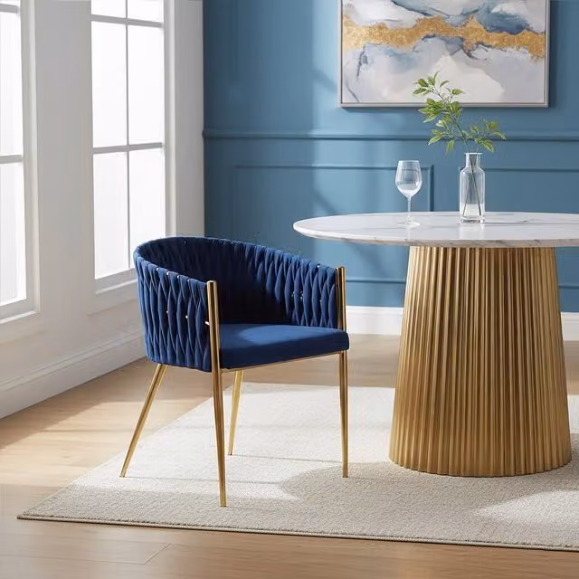 Fifty Five South Modern Blue Velvet Dining Chair with Gold Metal Armrests – 1