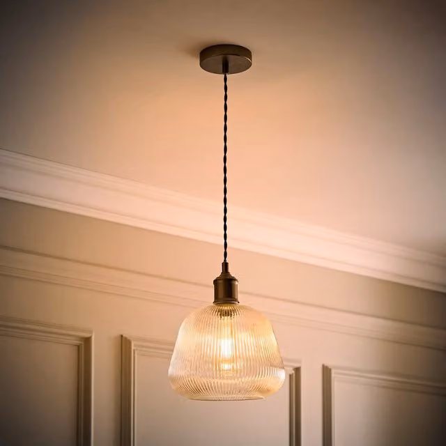 ValueLights Delora Ribbed Bell Glass Single Ceiling Pendant Light in Brushed Brass, Diameter: 11 cm