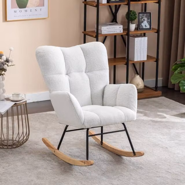Direct Wicker White Teddy Bouclé Fabric Tufted Upholstered Rocking Chair with Armrests