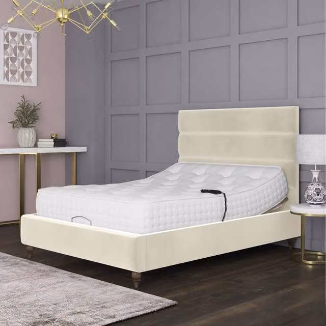 Penelope Premium Upholstered Electric Adjustable Bed Frame in Beige, Superking, W: 200 cm x D: 200 cm