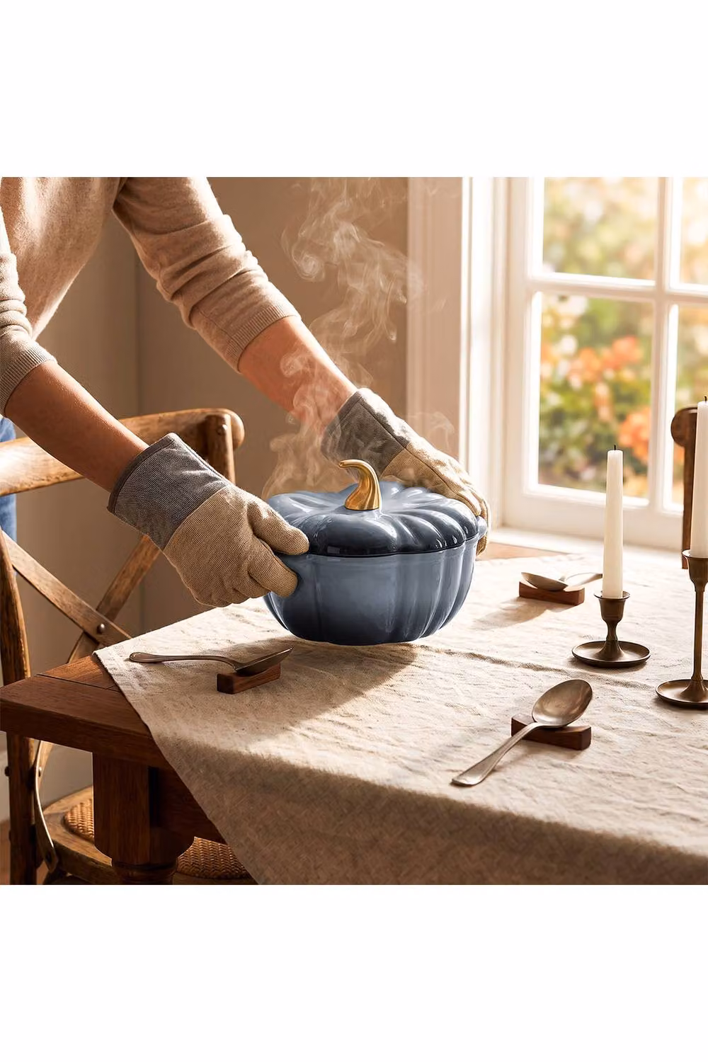 Living and Home Enamelled Cast Iron Pumpkin Dutch Oven with Lid and Handles in Grey – 4