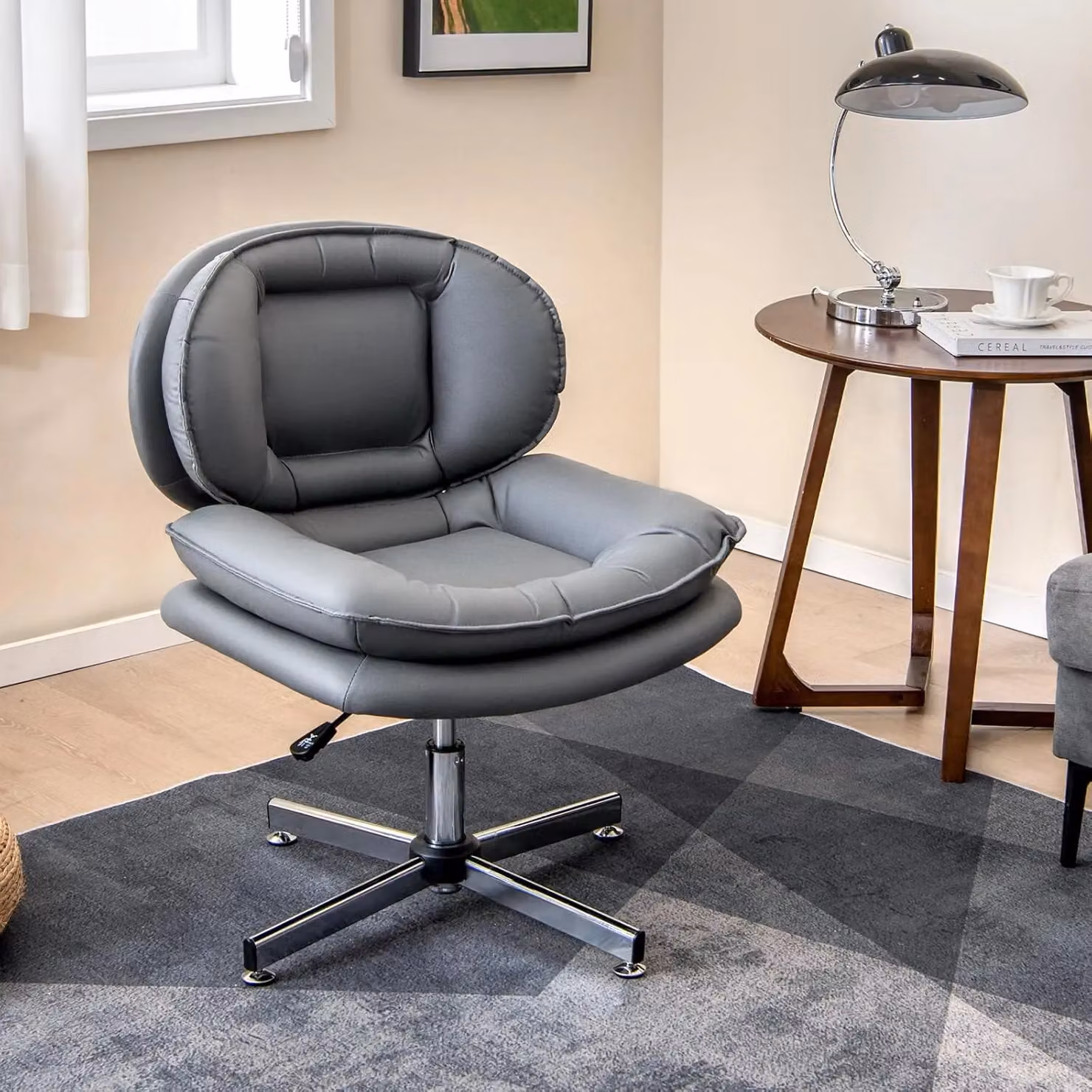 Gymax Grey Synthetic Leather Swivel Task Chair with Metal Base – 2