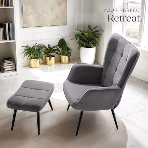 tectake Scandi Style Armchair with Integrated Footstool in Anthracite and Black Corduroy Fabric – 9