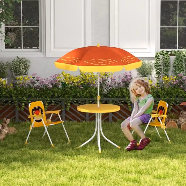 Outsunny Kids Lion Bistro Table and Chair Set with Adjustable Parasol, Yellow