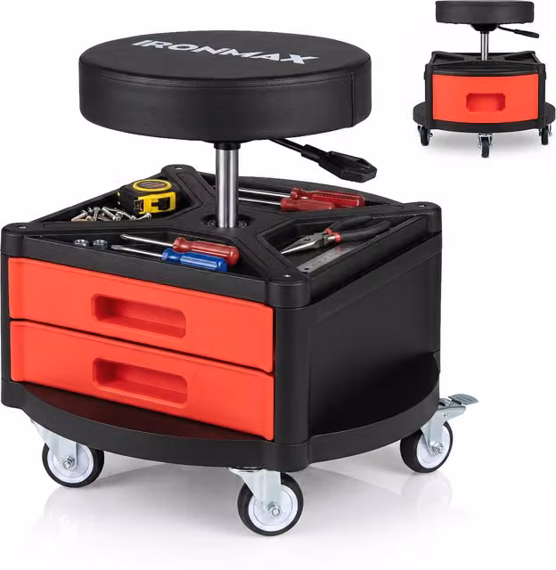 COSTWAY Rolling Mechanic Stool with Cushioned Seat in Red