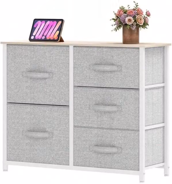 VOGREX Grey 5 Fabric Drawer Storage Chest with Steel Frame and Wood Top