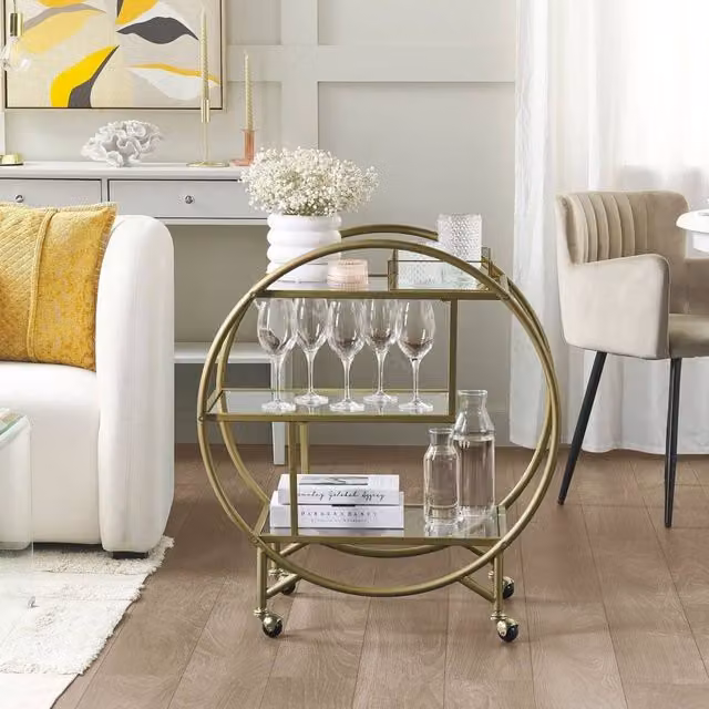Wyld and Coco Gold Art Deco Kitchen Trolley with Glass Shelves, W/D/H: 50 x 34 x 79 cm – 1