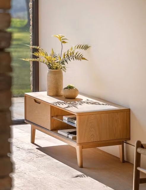 Gallery Direct Nord Oak Wood and Glass Scandinavian TV Unit in Brown
