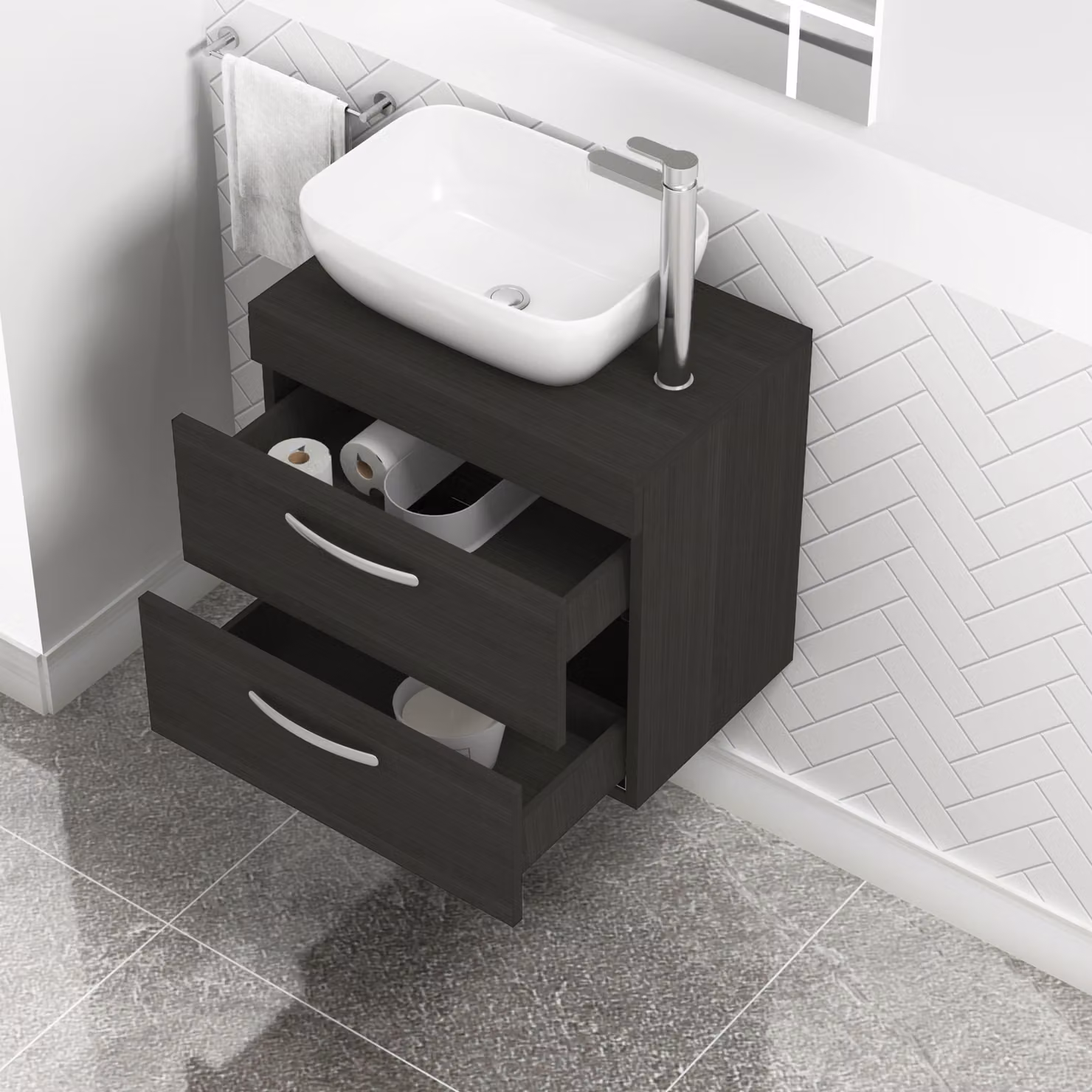Royal Bathrooms 600mm Wall Hung Vanity Unit with 2 Drawers in Charcoal Oak and Elva Countertop Basin