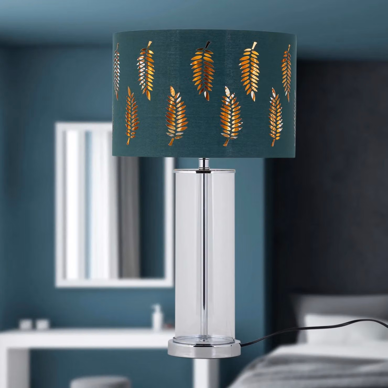 First Choice Lighting Aura Chrome Table Lamp with Green Fern Cut Out Silver Inner Shade – 4