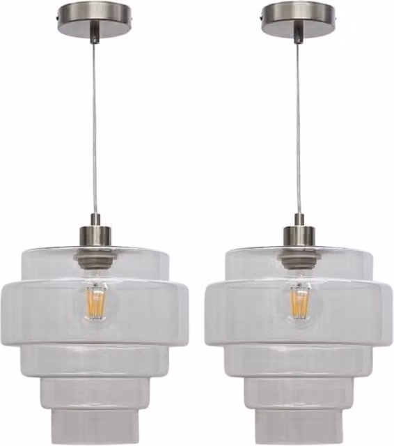 First Choice Lighting Benson Set of 2 Glass and Silver Pendant Lights with Transparent Shades