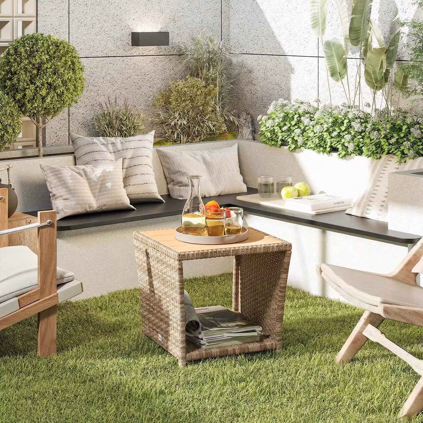 Outsunny 2-Tier Outdoor Side Table and Coffee Table with Storage Shelf, Khaki PS Wood Slat Top – 2