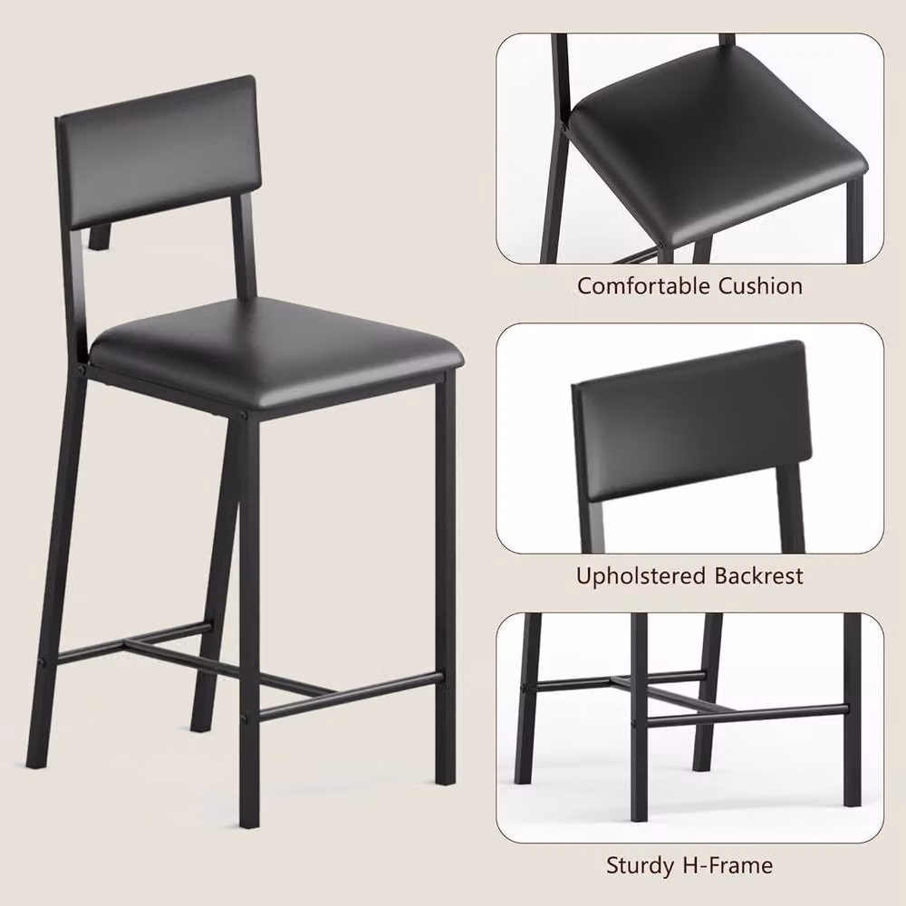 London Boutique Set of 2 Black Synthetic Leather Upholstered Bar Stools with Footrest and Backrest – 2