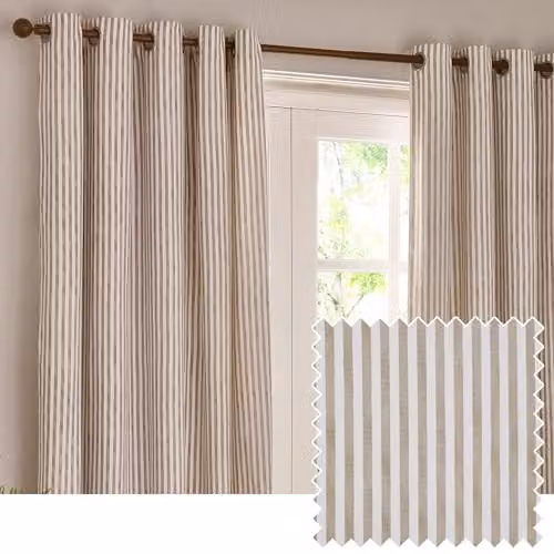 Riva Home Striped Eyelet Curtain Pair, Beige/Sand, W: 117 cm, H: 183 cm