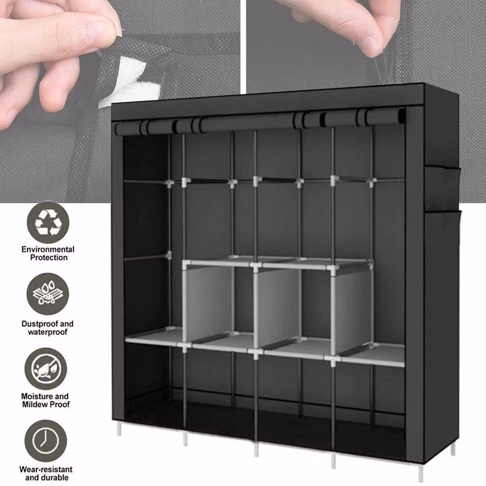 EONLION Large Black Fabric Wardrobe with Hanging Rail and Internal Shelves, Width: 100 cm – 4