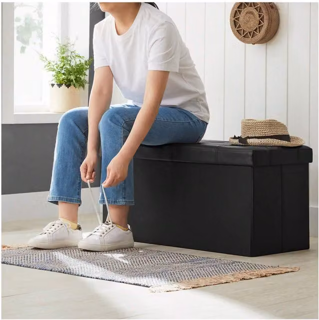 SONGMICS Collection Storage Ottoman Bench in Black Synthetic Leather, W: 76 cm, D: 38 cm, H: 38 cm