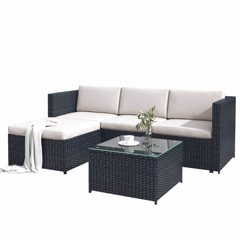 Tokpiedi Modern L-Shape Outdoor Rattan Wicker Patio Sofa, Ottoman and Coffee Table Set in Black with Upholstered Fabric Cushions – 3