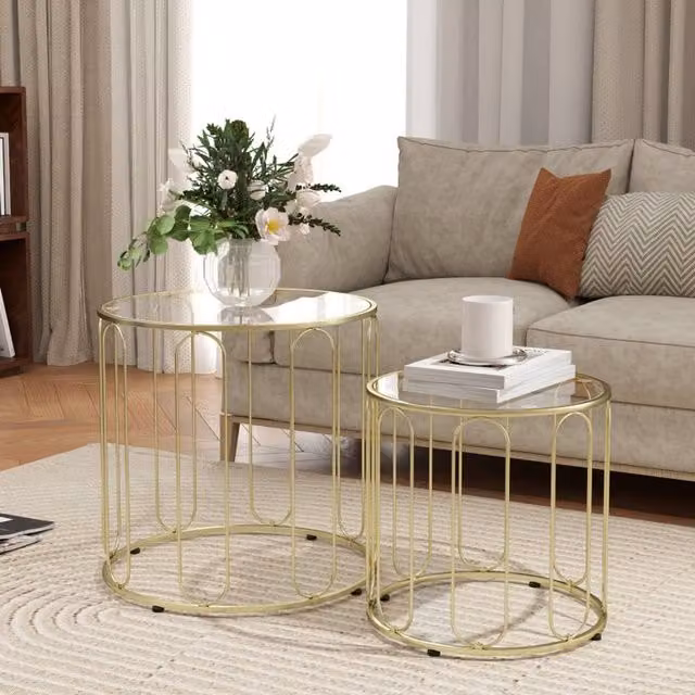 STILVORA Set of 2 Modern Round Nesting Coffee Tables with Gold Metal Frames and Glass Tops