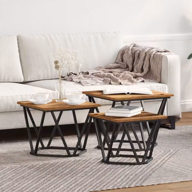 Berkfield Home Set of 3 Nested Square Side Tables in Brown Rustic Wood and Black Metal – 1