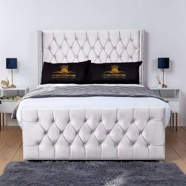 UK Bed Furniture Emily Wingback Divan Bed with 54 Inch Diamond Headboard, White Velvet Fabric, Super King, W/D/H: 200 x 200 cm