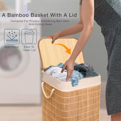 MantraRaj Bamboo Foldable Laundry Basket with Lid and Removable Liner, 65L Square Hamper in Brown or Grey – 3