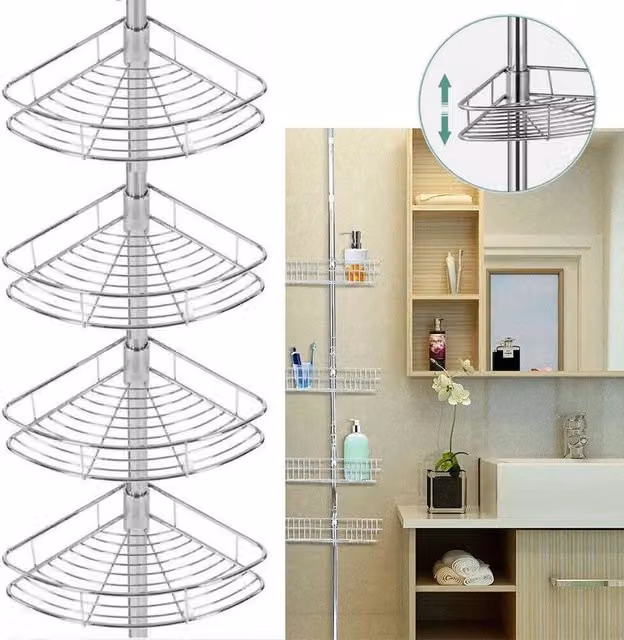 FORGEVIO Adjustable Telescopic Stainless Steel Bathroom Shower Corner Rack in Silver, W: 180 cm, H: 180 cm