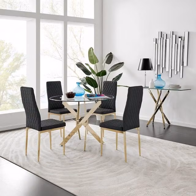 FurnitureboxUK Novara 100cm Round Glass Dining Table and 4 Milan Chairs with Gold Legs in Black
