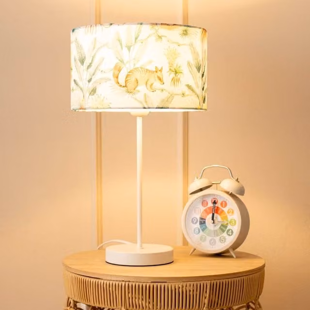 ValueLights Charlie White Metal Single Stem Table Lamp with Multicolour Kids Jungle Fabric Drum Shade – 1
