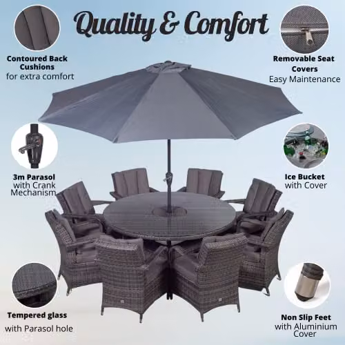 Thats Furniture Arizona 8 Seater Round Rattan Garden Dining Set with Ice Bucket Drinks Cooler in Grey, Diameter: 155 cm – 2