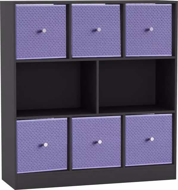 URBNLIVING 8 Cube Black Bookcase with 6 Lilac Fabric Storage Drawers