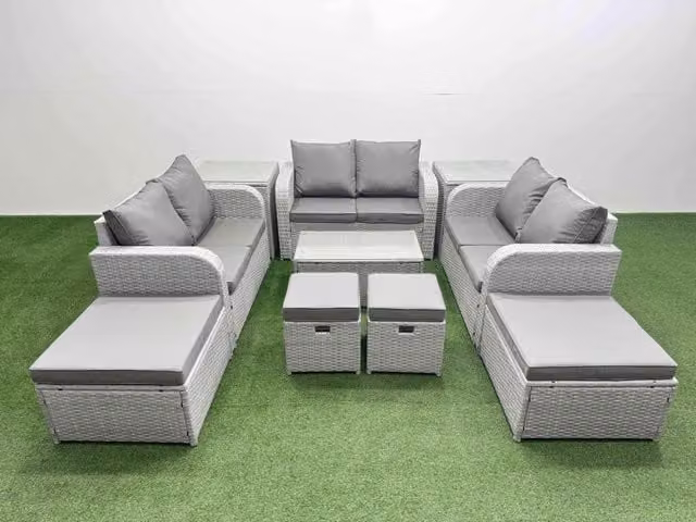Fimous 10 Piece Garden Furniture Set with Rectangular Coffee Table, Reclining Chairs and Inclining Sofa in Light Grey