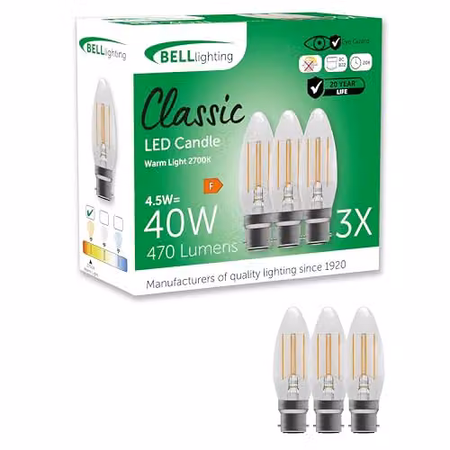 BELL Lighting B22 Warm White LED Filament Candle Bulbs, Pack of 3 – 1