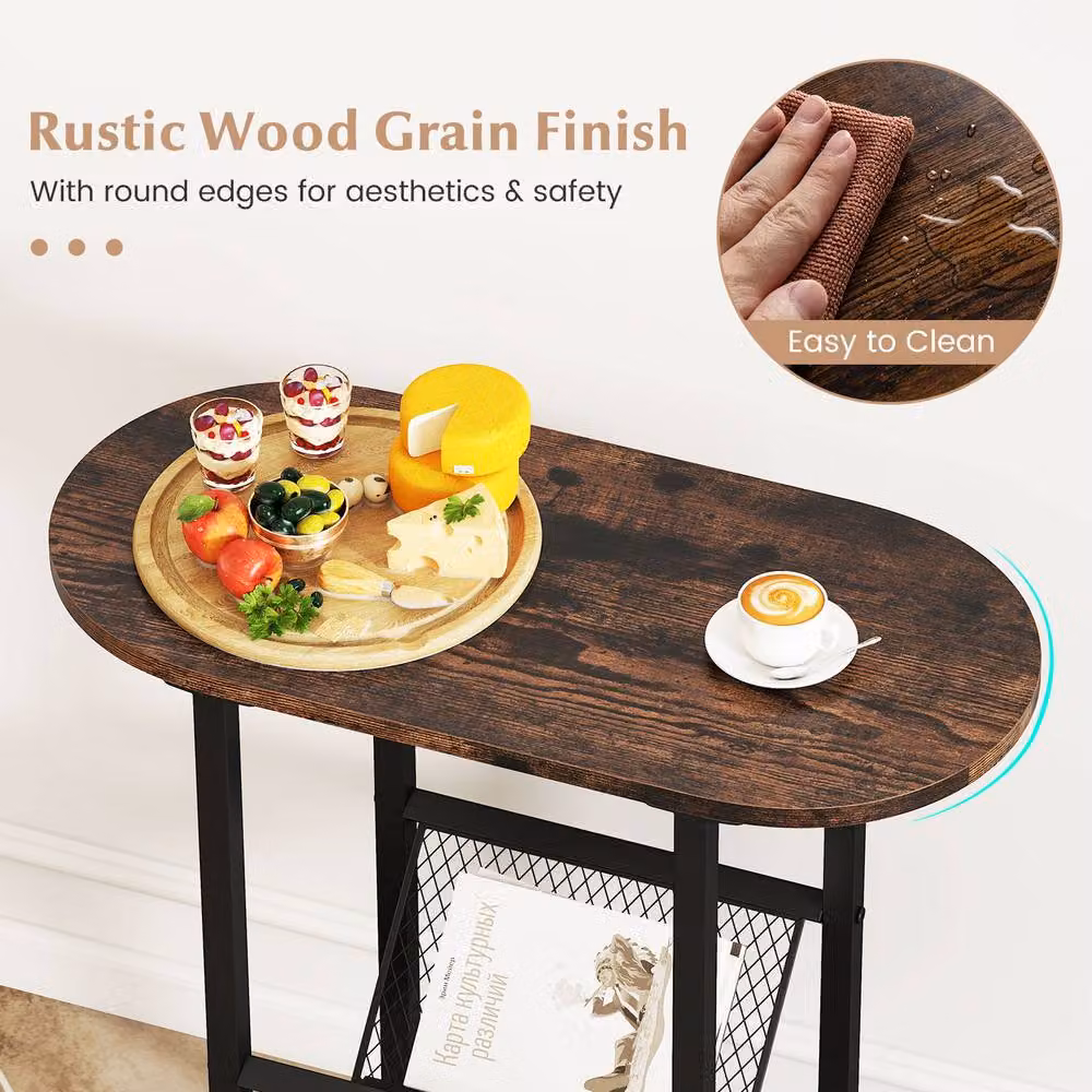 Costway 2-Tier Oval End Table with Magazine Holder in Brown – 4