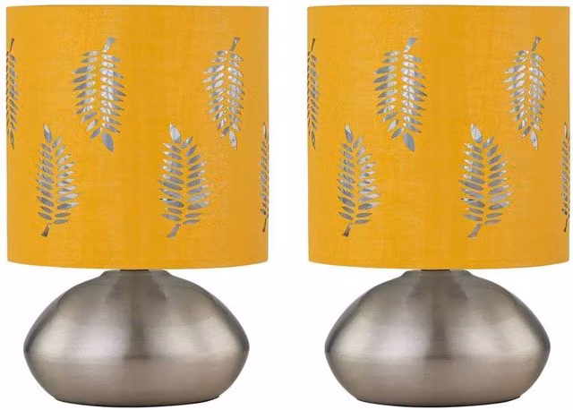 First Choice Lighting Jenson Set of 2 Brushed Chrome Touch Table Lamps with Ochre Fabric Shades – 1