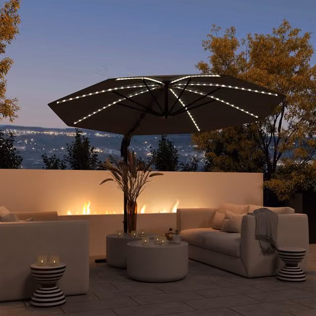 Outsunny 3m Garden Parasol with Lights and Crank Handle in Dark Grey