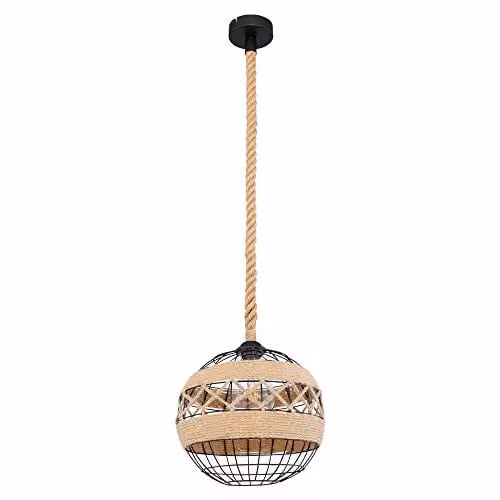 Netlighting Ulleu Industrial Sphere Pendant Ceiling Light in Black or Brown with Hemp Rope and Metal Construction, E27, Diameter: 30 cm – 1