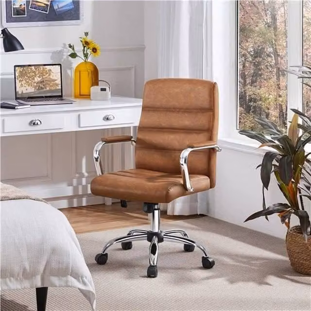 EONLION Retro Brown PU Leather Swivel Office Chair