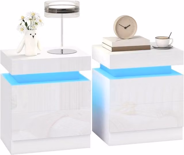 VOGREX Set of 2 White High Gloss Bedside Tables with 2 Drawers and Integrated LED Lighting