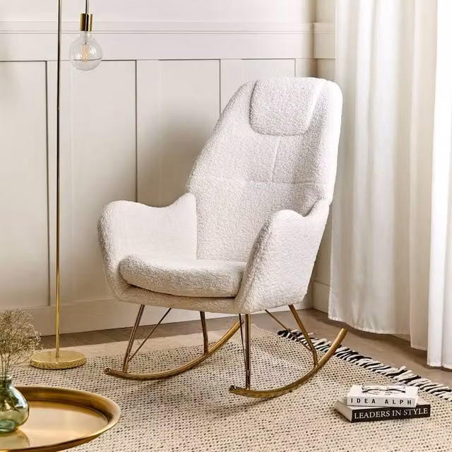 Wyld and Coco Luxe Living Rocking Chair in White Boucle with Gold-Coloured Legs – 1