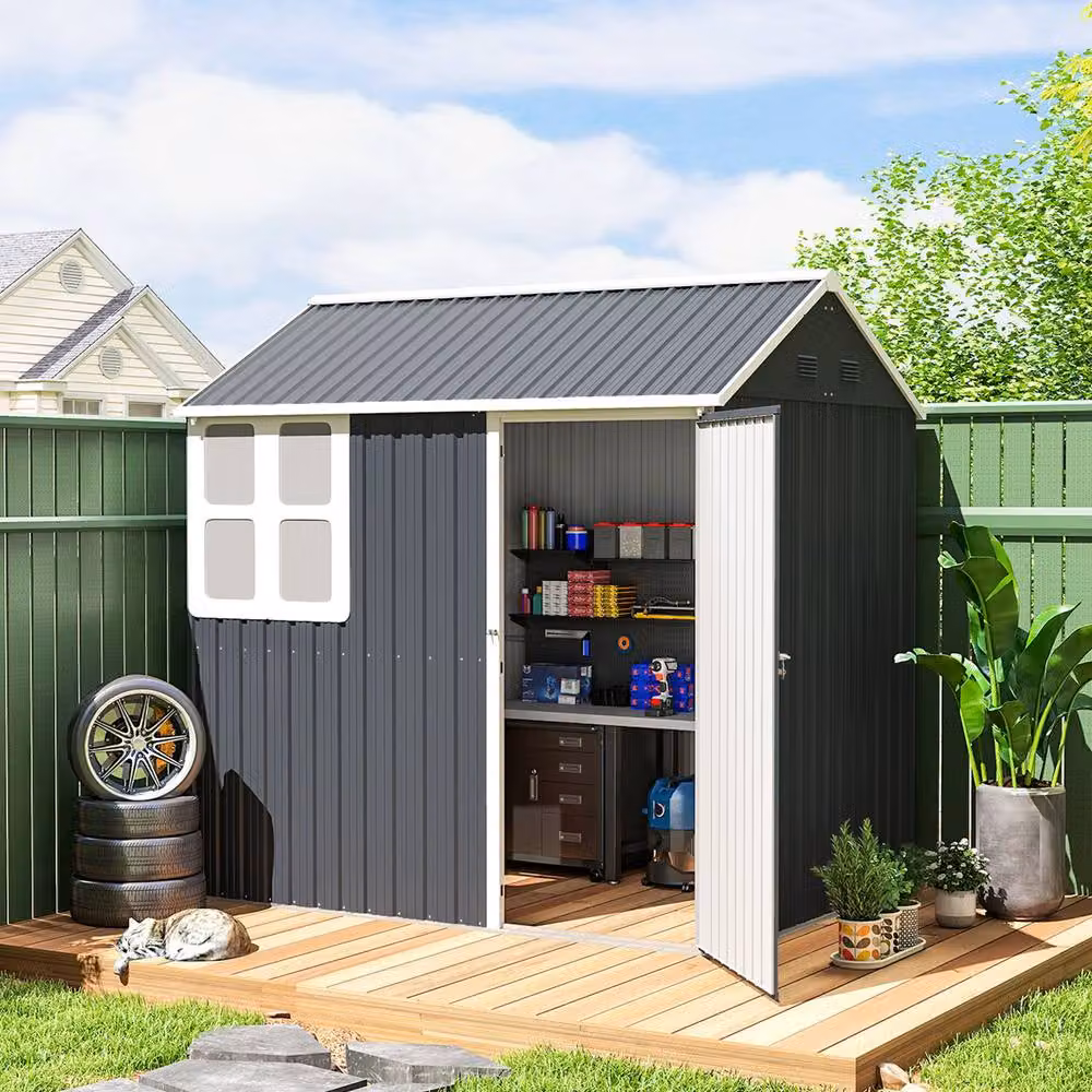 Rolipo Galvanised Steel Garden Shed with Single Door and Window, Dark Grey, W/D/H: 213.36 x 182.88 x 183.0 cm – 4