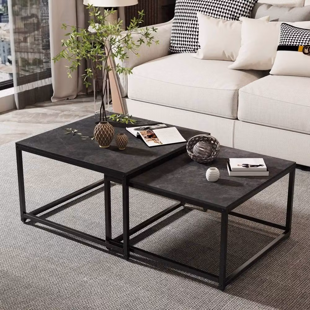 FORGEVIO Set of 2 Black Square Nesting Coffee Tables with Marble Effect Tops – 3