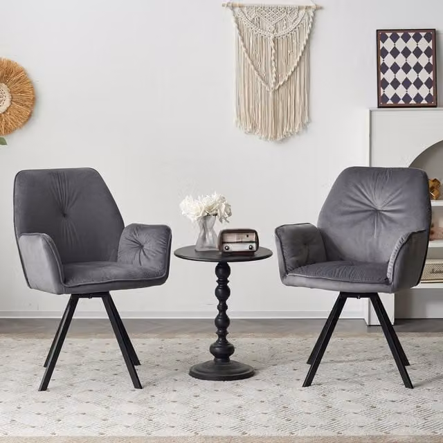 Home Touch Interiors Set of 6 Grey Velvet Swivel Dining Chairs with Armrests and Wood and Metal Accents