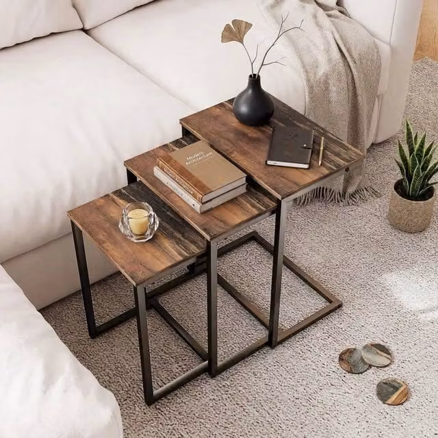 EONLION C Shaped Side Tables with Nested Tops in Brown and Black
